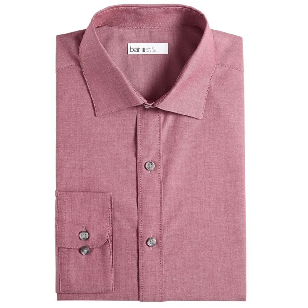Bar III Men's Slim Fit Chambray Dress Shirt Red Small 14–14.5 Stretch